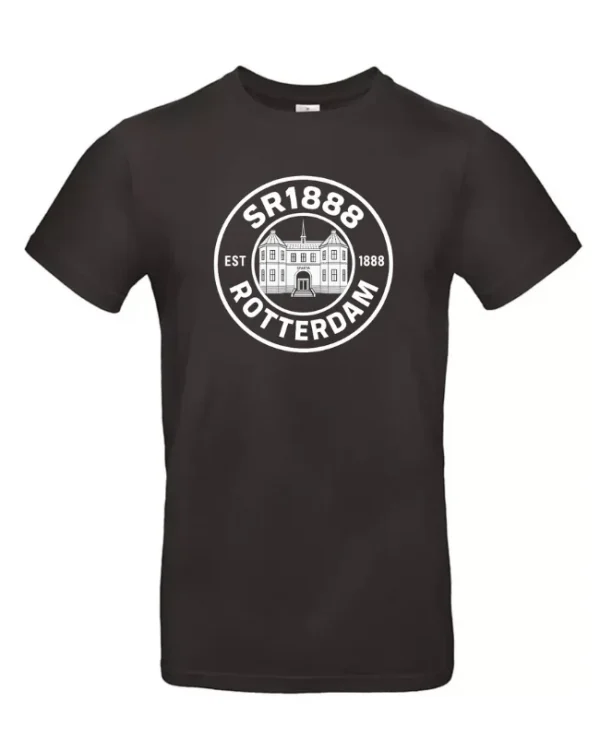 Zwart SR1888 shirt met daarop afbeelding van het Sparta Kasteel in een cirkel waarin geprint staat: SR1888 Rotterdam EST.1888