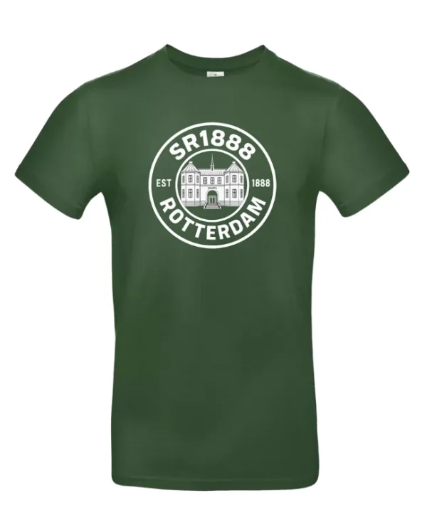 Groen SR1888 shirt met daarop afbeelding van het Sparta Kasteel in een cirkel waarin geprint staat: SR1888 Rotterdam EST.1888